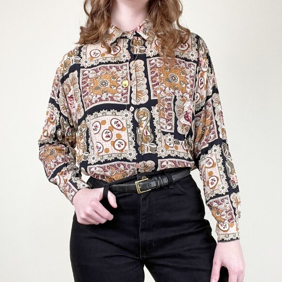 Vintage Floral Eccentric Print Button Down Shirt Eclectic Grandpa Grandma Blouse - Picture 1 of 6